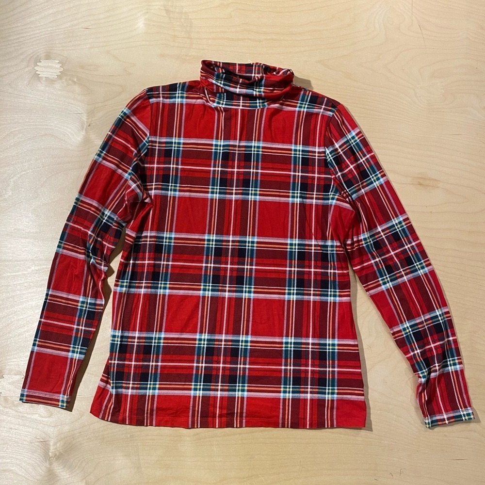 Lands' End Red Plaid Long-Sleeve Turtleneck Top Large (QW)